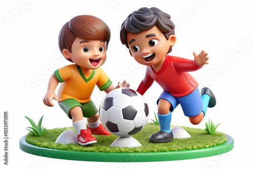 Kids Playing with a Soccer Ball in the Park: Two Energetic Children Showcasing Athleticism, Teamwork, and Outdoor Fun in a Vibrant Environment With Glossy Background and Copy Space