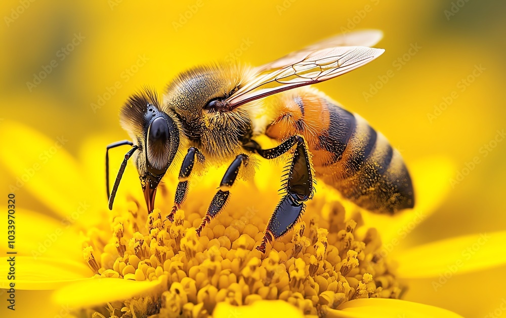 Large striped bee diligently collecting nectar from a sunny yellow flower, captured in breathtaking detail, showcasing the beauty of nature and pollination Large striped bee diligently collecting nectar from a sunny yellow flower, captured in breathtaking detail, showcasing the beauty of nature and pollination