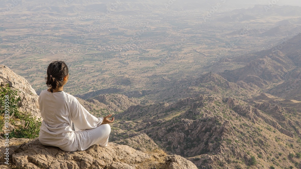 Meditation in Mountainous Landscape, Woman in Yoga Pose, Peaceful Natural Setting Meditation in Mountainous Landscape, Woman in Yoga Pose, Peaceful Natural Setting