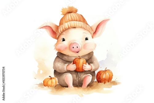 Wallpaper Mural Cute pig holding pumpkins on white background. Torontodigital.ca