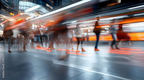 High speed blur of anonymous commuters and workers rushing through a busy city street  Concept of fast paced urban lifestyle corporate work culture and the anonymity of modern metropolitan life