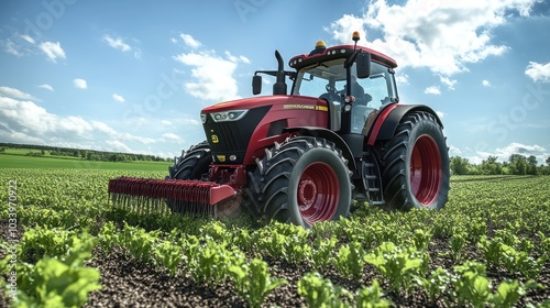 A red tractor working in a green field of crops under blue skies.