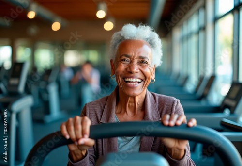 Happy elderly black woman with white hair exercising on treadmill at gym