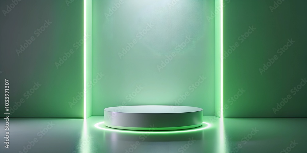 A minimalist white cylinder podium with soft neon green glow, ideal for elegant and modern displays A minimalist white cylinder podium with soft neon green glow, ideal for elegant and modern displays