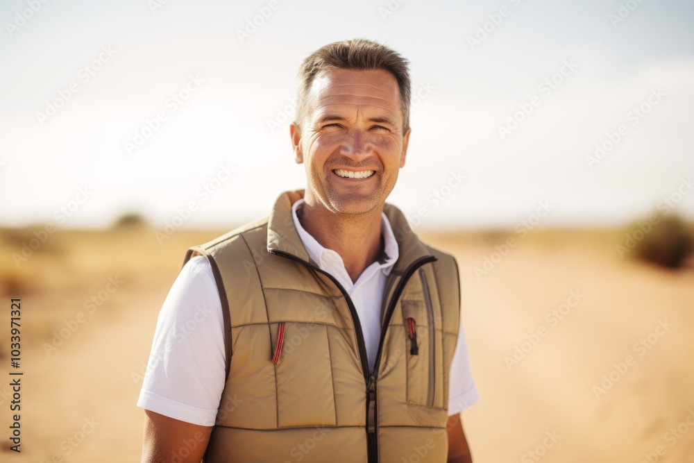 Portrait of a smiling man in his 40s dressed in a water-resistant gilet in serene dune landscape background Portrait of a smiling man in his 40s dressed in a water-resistant gilet in serene dune landscape background