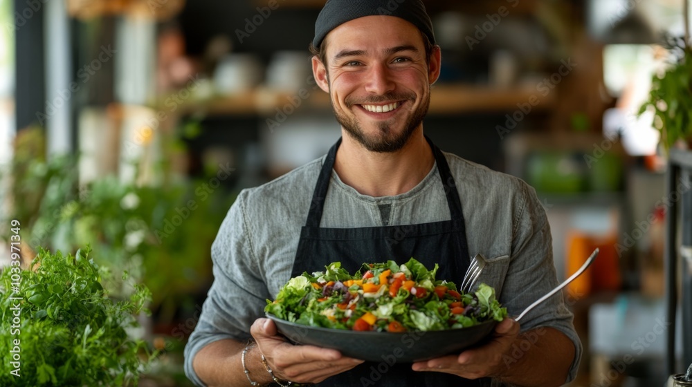 Smiling Chef Presenting Fresh Salad Smiling Chef Presenting Fresh Salad
