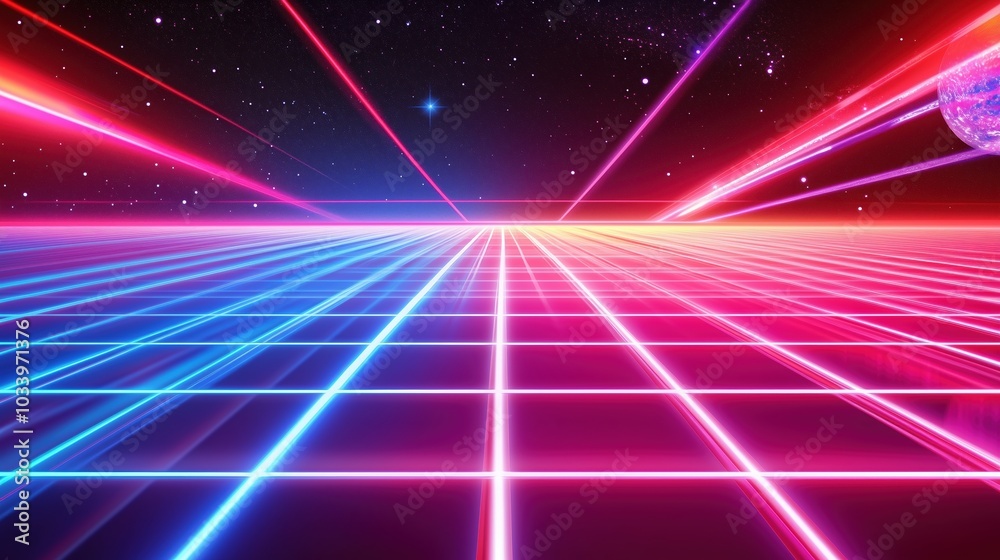 A vibrant 80s retro background featuring a neon grid, glowing laser beams, and a stunning outer space scene. This digital design captures the essence of the retro-futuristic era with bold colors, geom A vibrant 80s retro background featuring a neon grid, glowing laser beams, and a stunning outer space scene. This digital design captures the essence of the retro-futuristic era with bold colors, geom