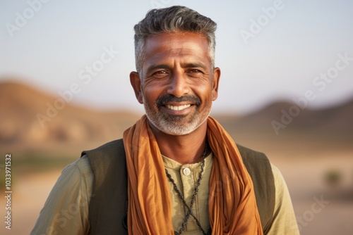 Portrait of a smiling indian man in his 40s dressed in a breathable mesh vest isolated on serene dune landscape background