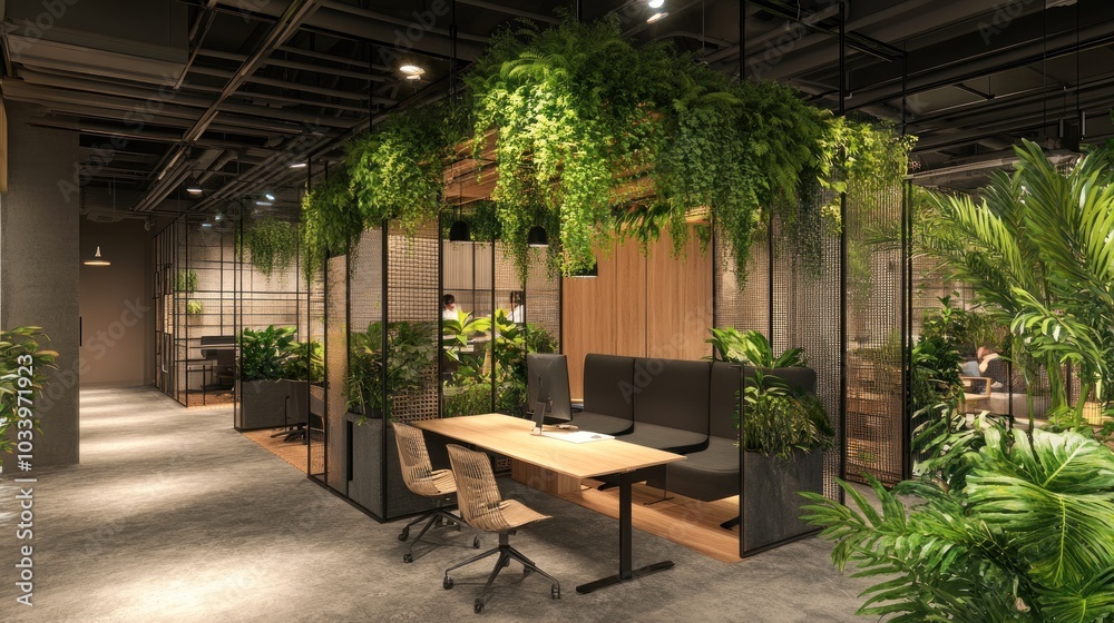 A modern office interior with green plants, wooden partitions, and ergonomic furniture, creating a biophilic design for a healthier, nature-integrated workspace environment.