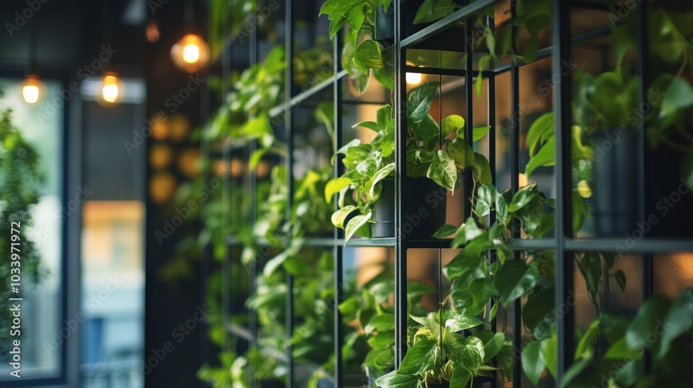 Modern interior with green plants arranged on a grid-like shelving unit, complemented by warm ambient lighting, creating a tranquil, nature-inspired atmosphere. Modern interior with green plants arranged on a grid-like shelving unit, complemented by warm ambient lighting, creating a tranquil, nature-inspired atmosphere.
