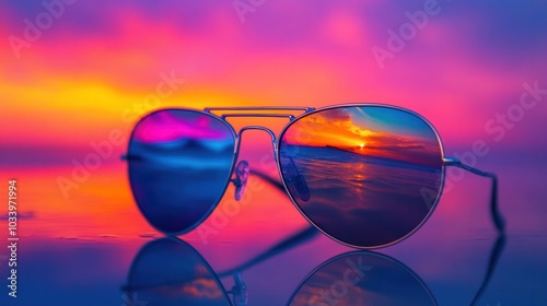 sunglasses lying on a reflective surface,