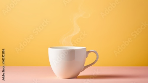 Charming White Mug with Steam Against Yellow Background