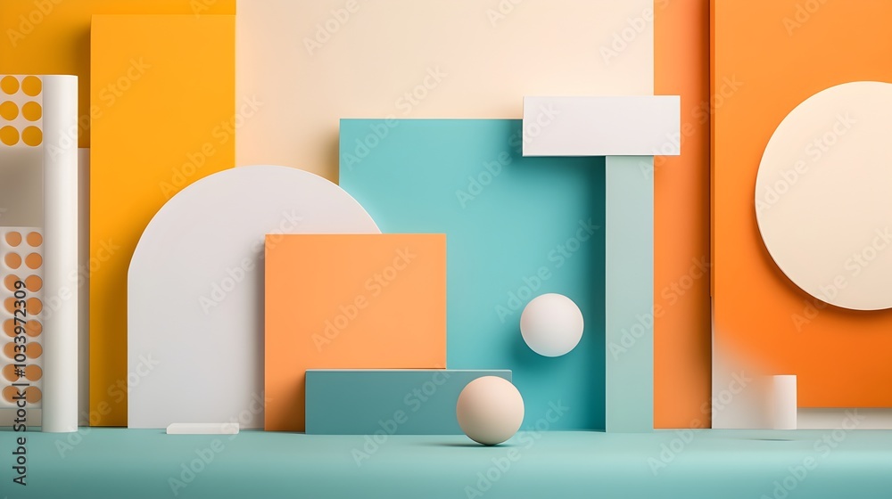 Minimalist abstract composition featuring a balanced arrangement of various geometric shapes and pastel color blocks This clean modern and contemporary design can be used for branding packaging Minimalist abstract composition featuring a balanced arrangement of various geometric shapes and pastel color blocks This clean modern and contemporary design can be used for branding packaging