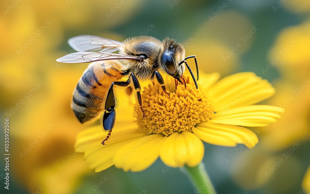 Vibrant scene of a large striped bee on a bright yellow flower, gathering nectar on a sunny day, emphasizing the intricate details of nature and pollination Vibrant scene of a large striped bee on a bright yellow flower, gathering nectar on a sunny day, emphasizing the intricate details of nature and pollination