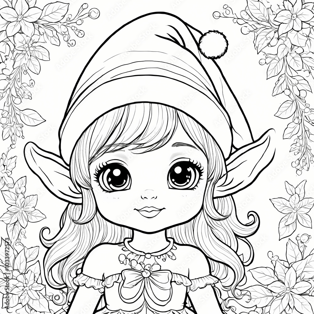 Cute Kawaii Elves with Christmas Hat Coloring Book Page Cute Kawaii Elves with Christmas Hat Coloring Book Page