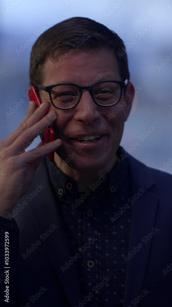 A Joyful Man Wearing Glasses Engaged in a Phone Conversation in a Bustling Urban Setting A Joyful Man Wearing Glasses Engaged in a Phone Conversation in a Bustling Urban Setting