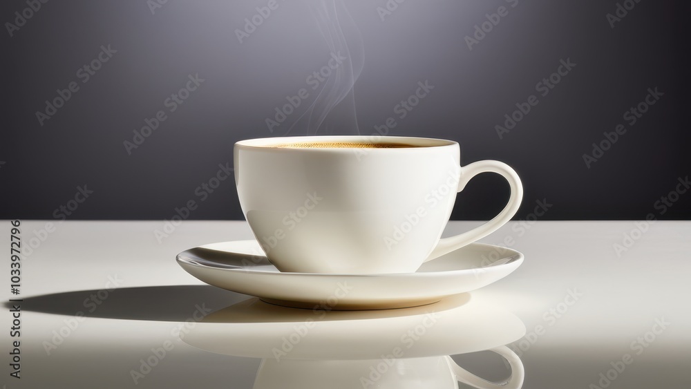 Classic White Coffee Cup with Saucer Against Grey Background Classic White Coffee Cup with Saucer Against Grey Background