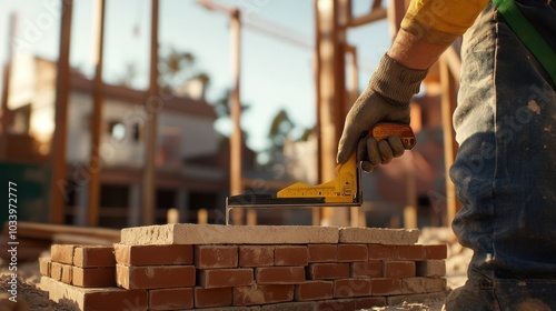 brick being placed into position by a professional bricklayer,