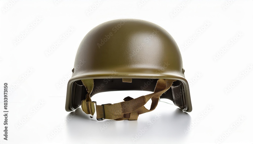 Fototapeta premium Close-Up of an Olive Green Military Helmet, Featuring Smooth Textured Surface and Sturdy Design, Symbolizing Protection, Combat Readiness, and Tactical Equipment for Soldiers in Active Duty or History