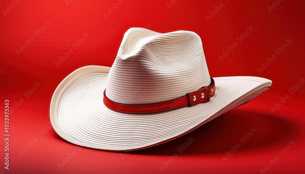 Elegant White Cowboy Hat with Red Leather Band on Vibrant Red Background. Iconic Western Headwear for Ranch Lifestyle, Fashion Shoots, Rodeo Branding, Country Events, and Americana Themed Designs