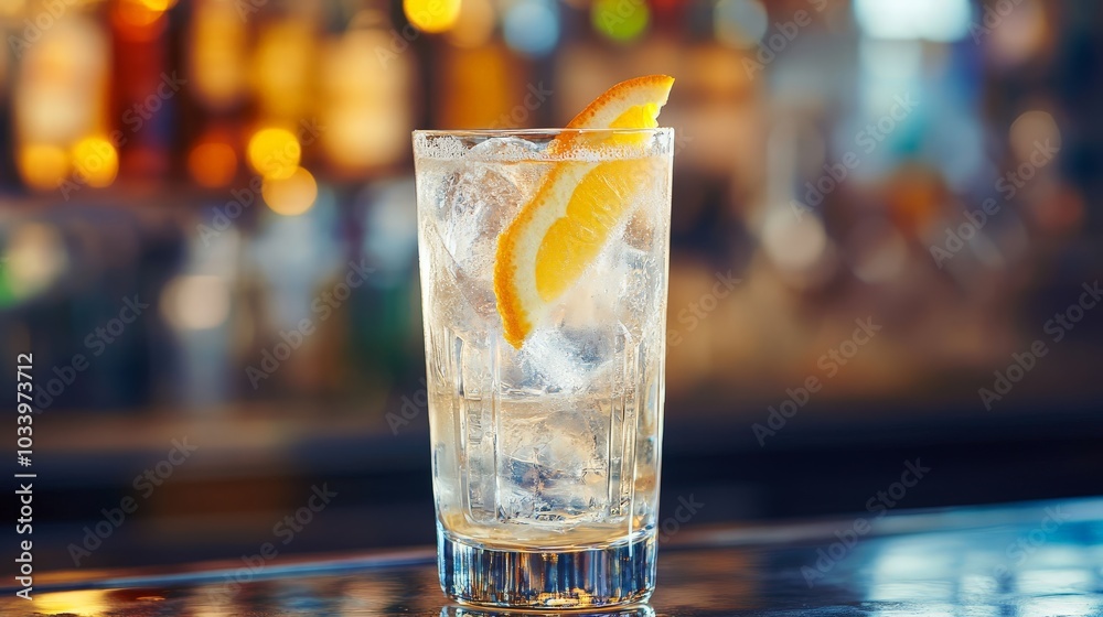 A refreshing low-alcohol cocktail with a splash of soda and a twist of citrus, set against a lively bar background A refreshing low-alcohol cocktail with a splash of soda and a twist of citrus, set against a lively bar background