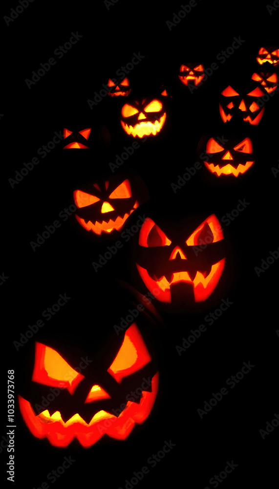 Realistic pumpkins glowing at night with sinister faces, perfect for Halloween projects. The eerie and mysterious atmosphere is enhanced by the dramatic contrast of light and shadow