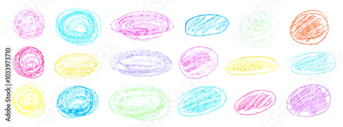Set of wax pencil drawn frames. Colored circles , chalk texture, charcoal drawing, careless children's drawing. Vector collection of design elements isolated on white background
