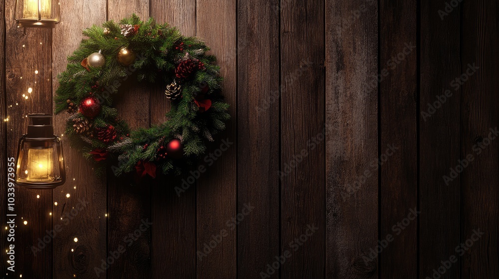 Cozy Christmas Wreath with Lantern and Wood Background Cozy Christmas Wreath with Lantern and Wood Background