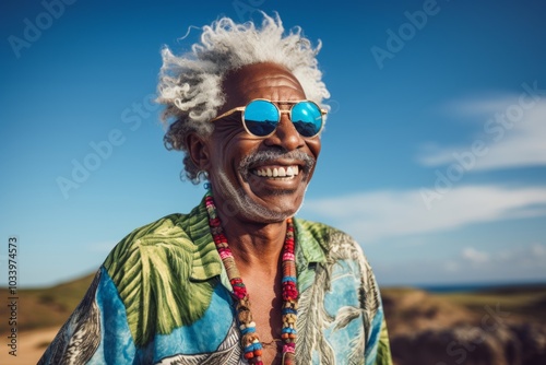 Portrait of a joyful afro-american man in his 80s wearing a trendy sunglasses in serene dune landscape background