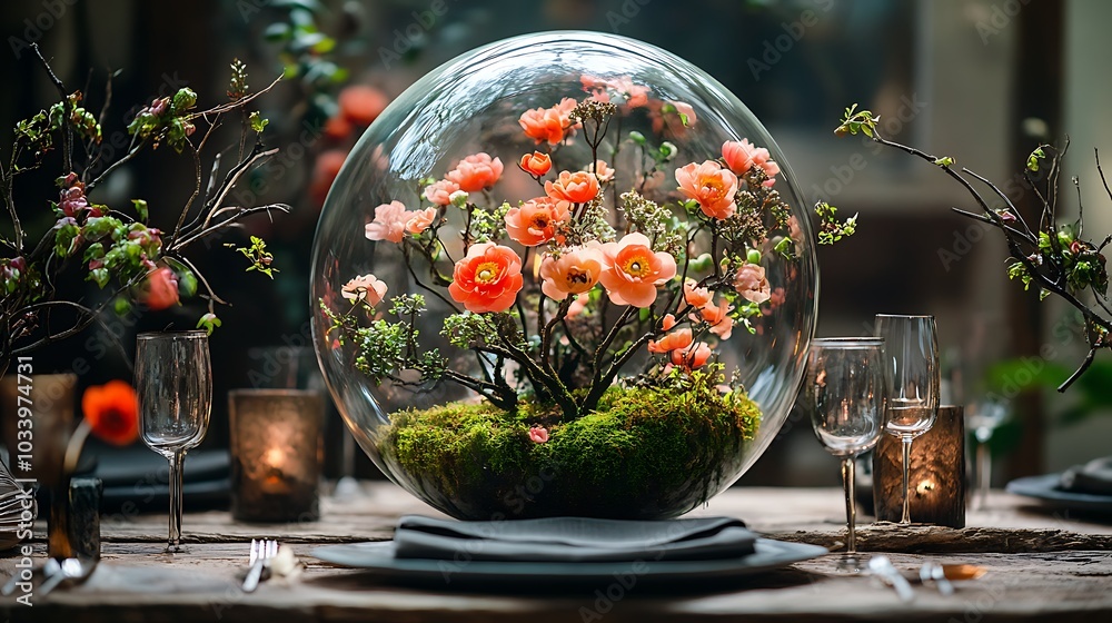 A terrarium centerpiece on a rustic dining table, featuring bright flowers blooming from moss-covered branches, the soft light of the evening reflecting off the glass, A terrarium centerpiece on a rustic dining table, featuring bright flowers blooming from moss-covered branches, the soft light of the evening reflecting off the glass,