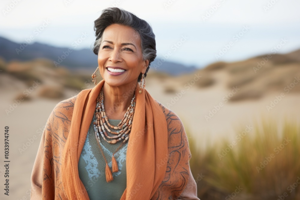 Portrait of a satisfied indian woman in her 60s wearing a chic cardigan in front of serene dune landscape background Portrait of a satisfied indian woman in her 60s wearing a chic cardigan in front of serene dune landscape background