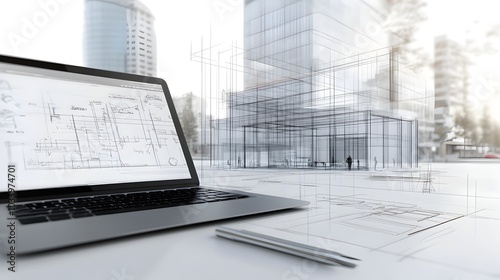 Wallpaper Mural Architectural blueprint of modern high rise office building or residential tower in bustling urban cityscape with glass facades and towering skyscrapers Torontodigital.ca