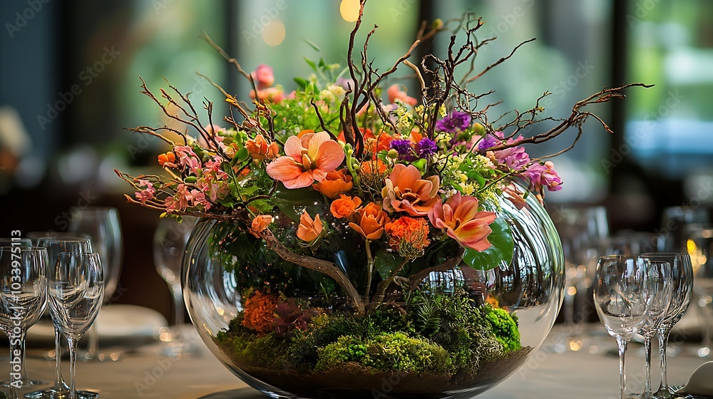 A terrarium centerpiece for a dining table, filled with colorful flowers, moss-covered branches, and lush greenery, the glass container creating beautiful reflections under the soft lighting, A terrarium centerpiece for a dining table, filled with colorful flowers, moss-covered branches, and lush greenery, the glass container creating beautiful reflections under the soft lighting,