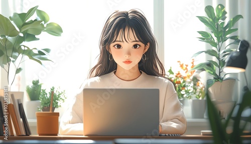 Asian woman working on laptop at desk, catthemed coffee cup, modern room setting, 3D lofi anime girl aesthetic, Japanese traditional ink painting, graphic design