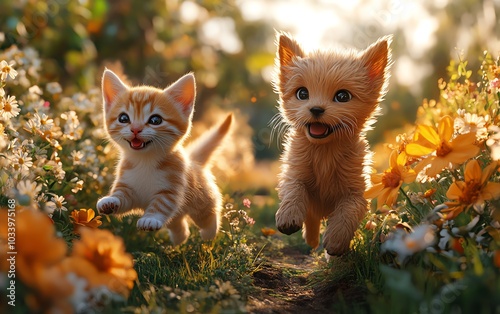 Cat and dog in lively flower garden, sunny spring meadow, cute puppy and kitten running together, 3D funny animal characters, fantasy background, digital artwork