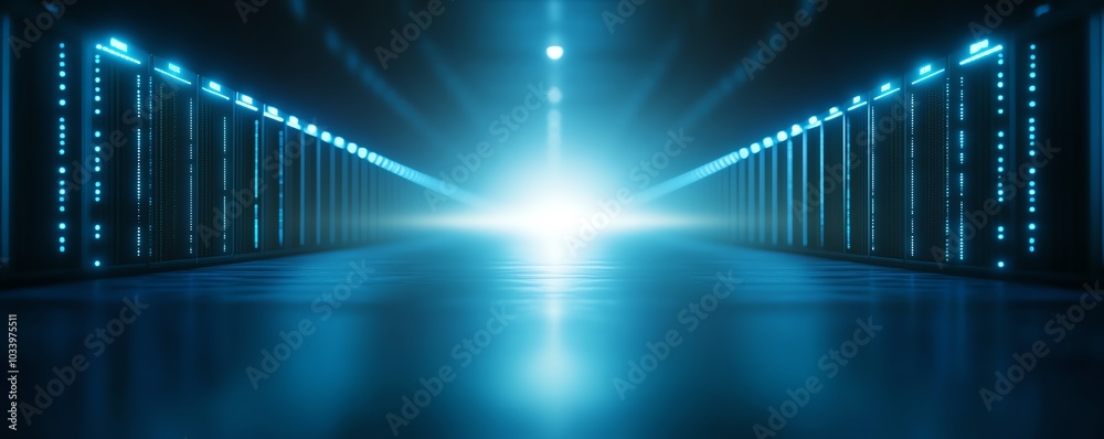 Obraz premium Futuristic data center illuminated by blue lights, showcasing modern technology.