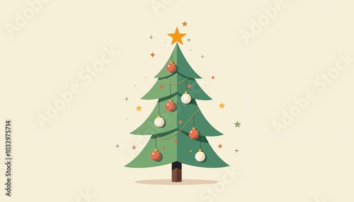 Christmas tree illustration with ornaments and star on a pastel background, copy space