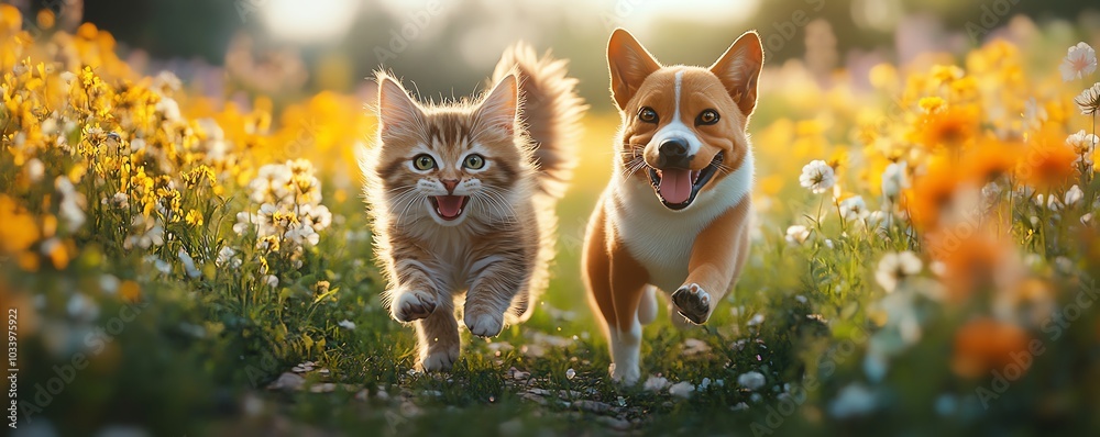 Cute cat and dog running through vibrant flowerfilled meadow, sunny spring day, fantasy 3D animal character art, playful puppy and kitten friendship, digital artwork Cute cat and dog running through vibrant flowerfilled meadow, sunny spring day, fantasy 3D animal character art, playful puppy and kitten friendship, digital artwork