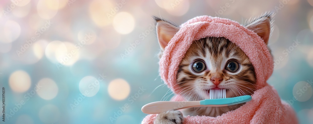 Obraz premium Cute kitten brushing teeth with a toothbrush, wearing a towel turban, bokeh background, copy space, funny animal portrait, digital art, pet insurance and oral hygiene concept