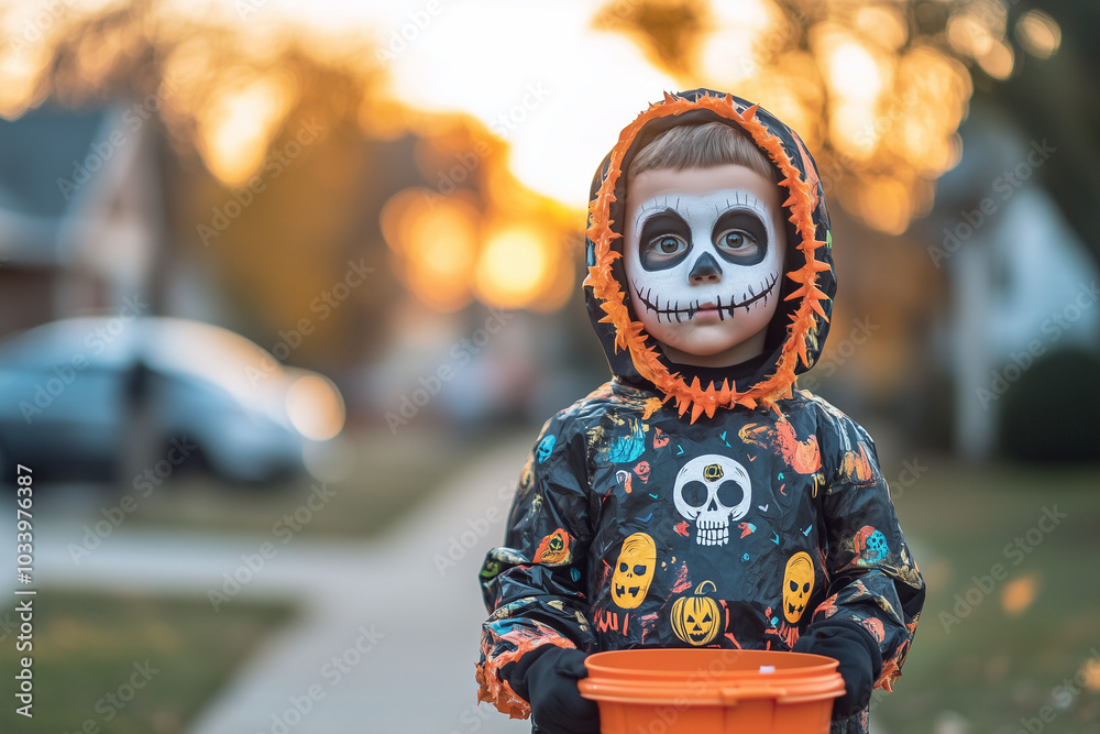 Selective focus boy with halloween costume, Portrait of kid with halloween theme with empty candy bucket. Selective focus boy with halloween costume, Portrait of kid with halloween theme with empty candy bucket.