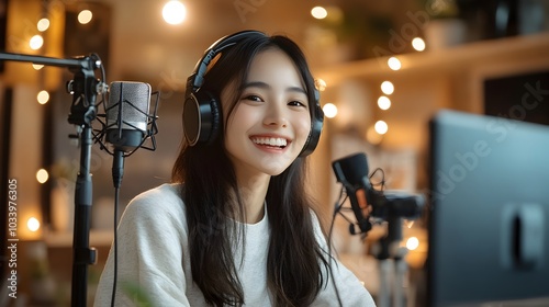 Joyful Young Woman Recording Audio Content in Professional Studio Environment with Microphone and Headphones Expressing Creativity and Enthusiasm for Media Production