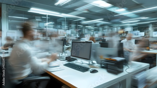 Wallpaper Mural Busy office environment with blurred figures of employees working on computers desks and other office equipment  Represents a fast paced productive and collaborative workplace Torontodigital.ca