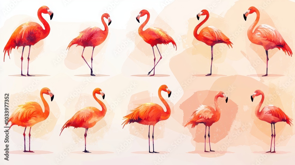 Obraz premium Nine pink flamingos on white background.