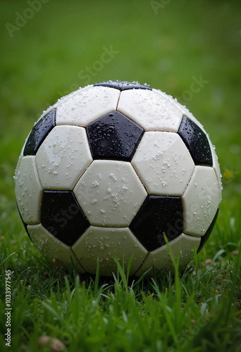 Wet soccer ball on green grass field