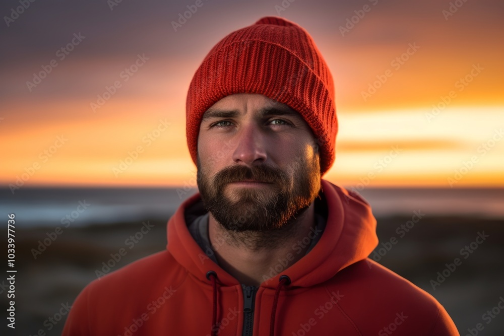 Portrait of a tender man in his 30s donning a warm wool beanie isolated on vibrant beach sunset background Portrait of a tender man in his 30s donning a warm wool beanie isolated on vibrant beach sunset background