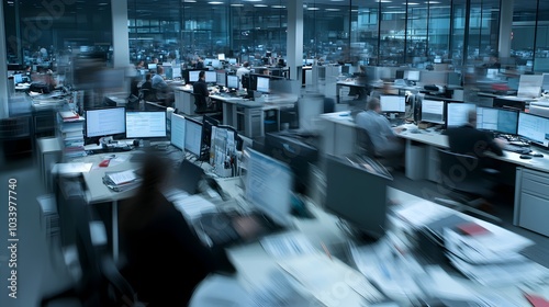 Blurred motion view of a dynamic corporate office environment with busy employees working at desks and computers showcasing a collaborative and productive workplace culture