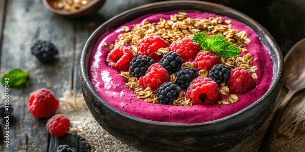 Smoothie bowl with raspberries, blackberries, granola, and mint. Smoothie bowl with raspberries, blackberries, granola, and mint.