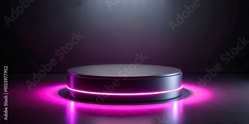 A dark gray cylinder podium illuminated with soft neon lights, ideal for minimalist and modern displays