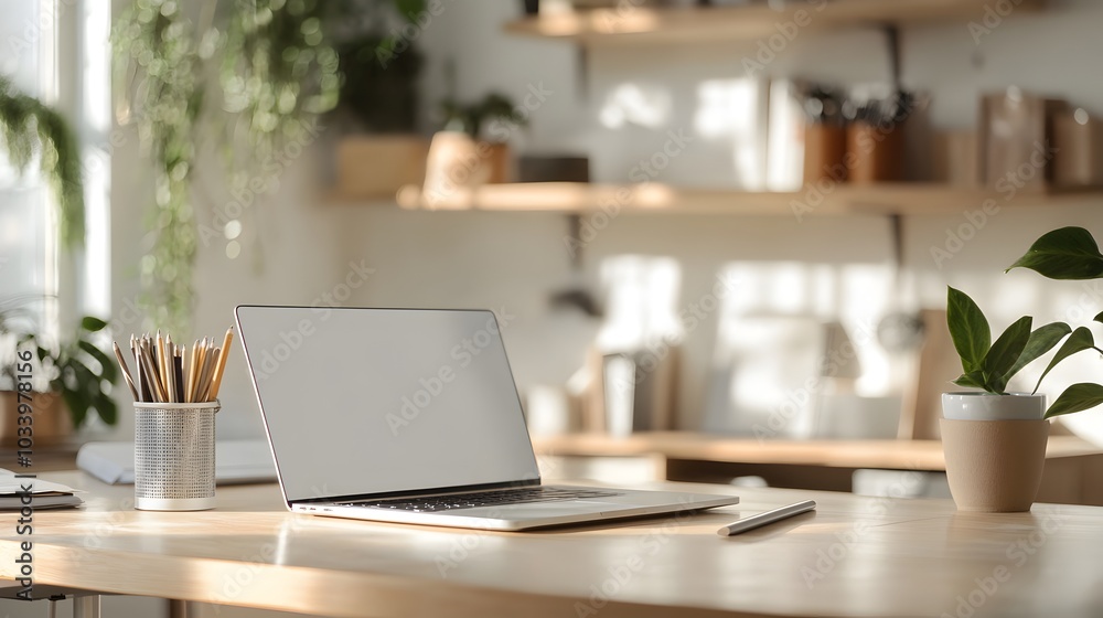 Cozy and productive workspace setup with laptop computer stationery and potted plants on a minimalist wooden desk in a modern warm toned home office or study environment Cozy and productive workspace setup with laptop computer stationery and potted plants on a minimalist wooden desk in a modern warm toned home office or study environment