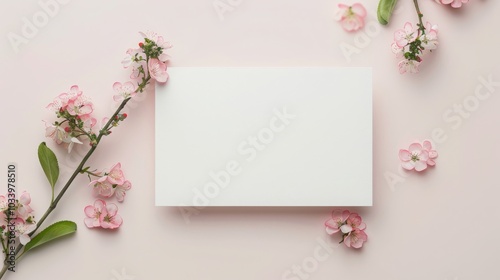 Pink Flowers and Blank Card Mockup on Soft Pink Background